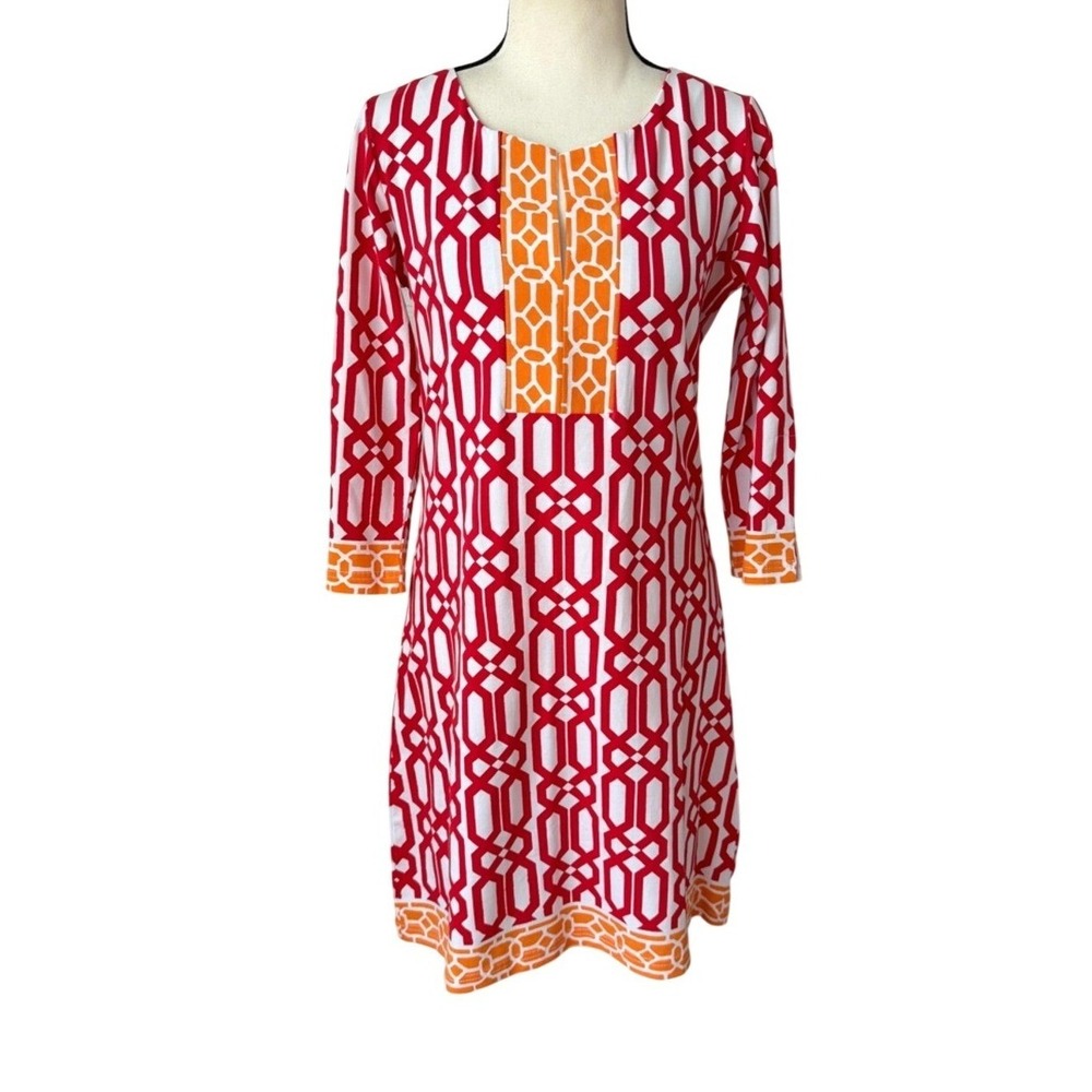 Barbara‎ Gerwit Geometric Printed Shift Dress 3/4 Split Sleeves Cotton Preppy S